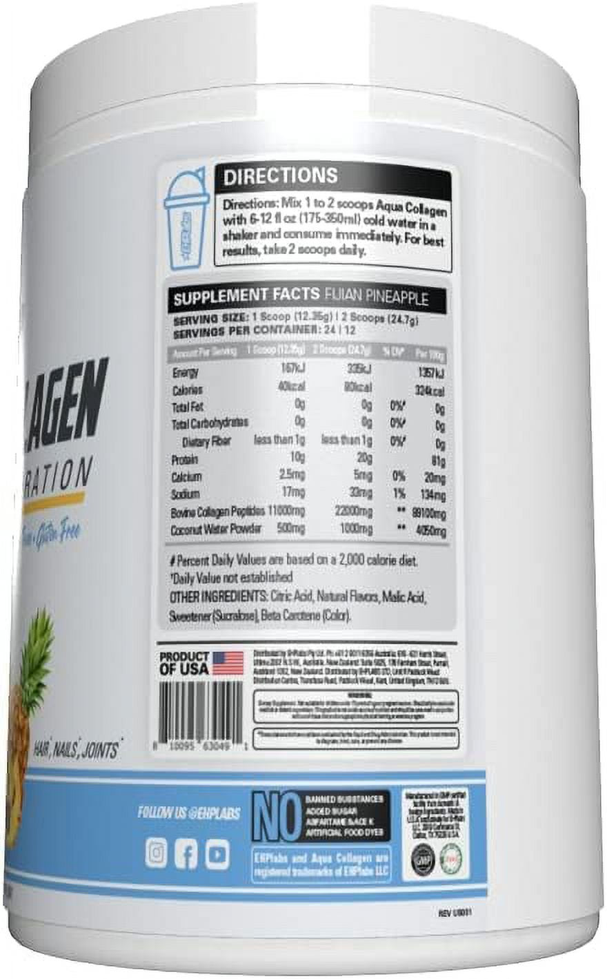 EHP Labs Aqua Hydrolyzed Collagen Peptides Powder - 10G of Protein per Serving, Hydration & Gut Health Support, Grass Fed Pasture-Raised Bovine Collagen, Type I & III, 24 Servings (Fijian Pineapple)