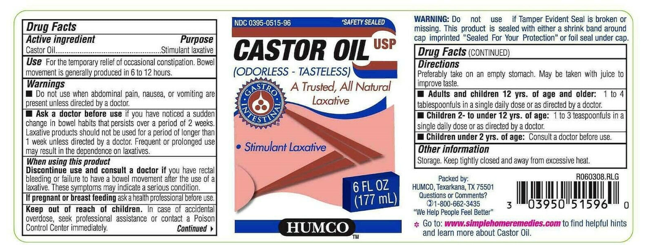 5 Pack - Humco Castor Oil Tasteless USP 6Oz Each