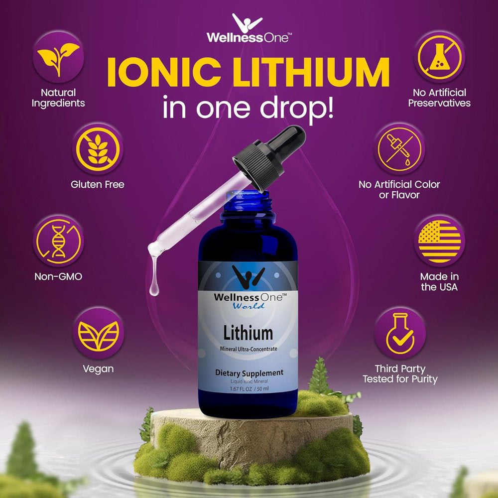 Wellnessone Liquid Lithium Supplements - Ionic Lithium Supplement Liquid Vitamins for Mood, Focus & Brain Support - Easy-To-Take Organic Brain & Focus Supplement for Men, Women & Kids - 1.67 Fl Oz