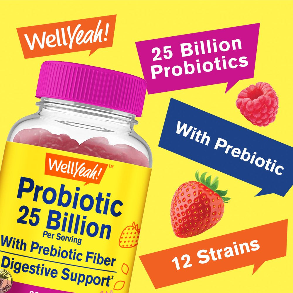Wellyeah 25 Billion Probiotics + Prebiotics for Men and Women Gummies - Digestive Support, Gut Health, Immune Support Gummy - Probiotics for Digestive Health with 12 Strains - 60 Gummies