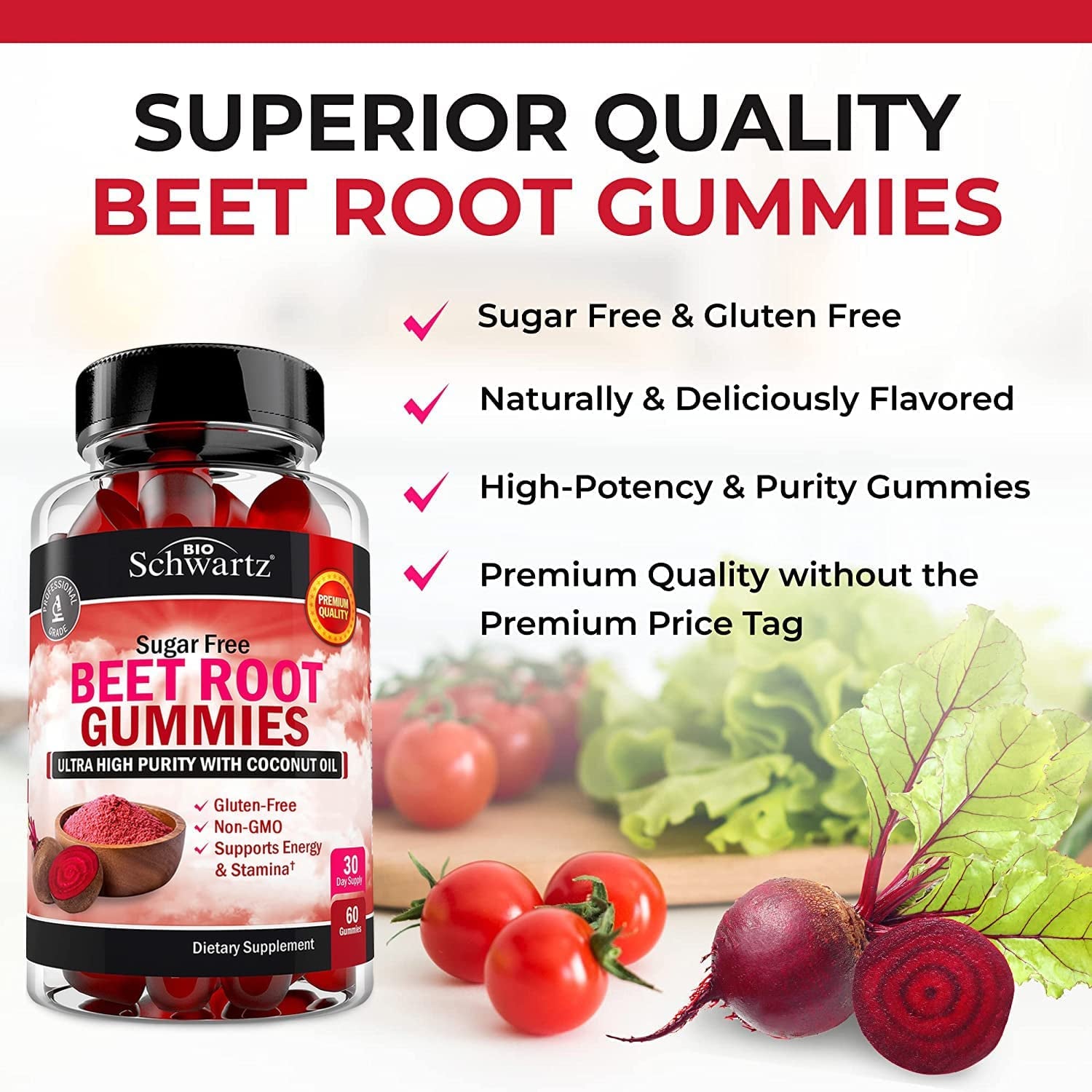 Sugar Free Beet Root Gummies - Nitric Oxide Beet Chews Infused with Coconut Oil for Highest Absorption - Supports Energy & Whole Body Health - Delicious Strawberry Flavor - 60 Count (30 Day Supply)