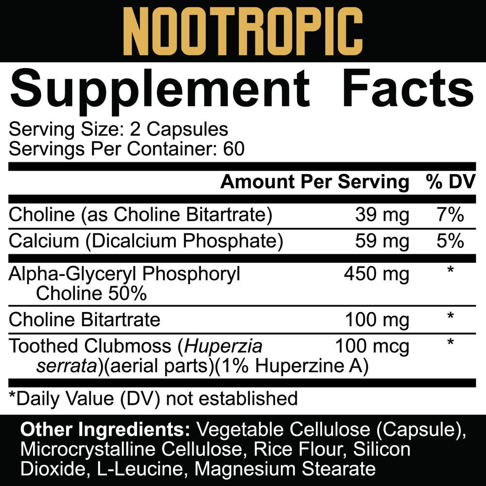 5% Nutrition Core Nootropic | Fundamental Focus & Cognitive Performance | Alpha GPC, Choline Bitartrate, Huperzine a | Non-Stim | (60 Servings / 120 Vegcaps)