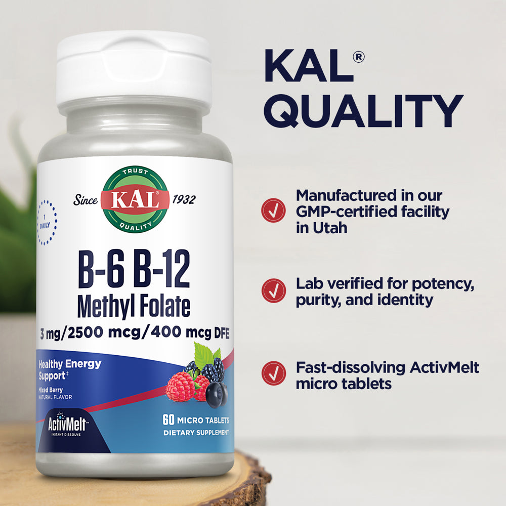 KAL B-6, B-12 Methyl Folate Activmelt | Healthy Heart & Energy Support | Natural Mixed Berry Flavor | Active, Coenzyme Forms | 60 Micro Tablets