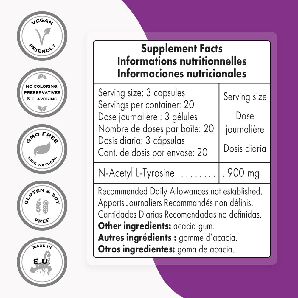 Supersmart - N-Acetyl L-Tyrosine (NALT) 900 Mg per Day - Nootropics Supplement - Mood Support | Non-Gmo & Gluten Free - 60 Vegetarian Capsules