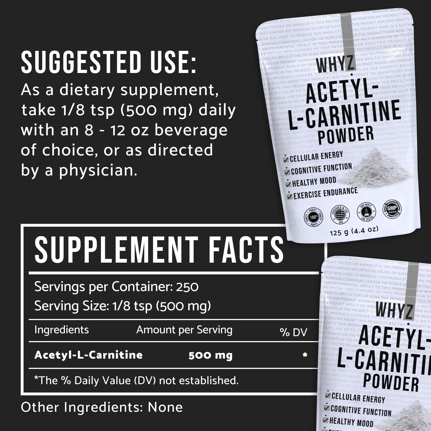 Acetyl L-Carnitine Powder, 125G, Gluten-Free Acetyl L Carnitine Supplement, Amino Acid Supplement That Supports Cellular Energy, ALCAR Powder for Cognitive Function and Vitality, 250 Servings