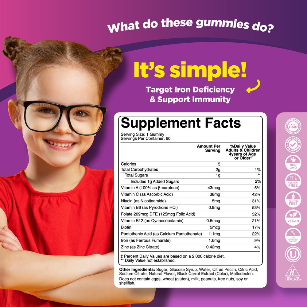 Iron Gummy Multivitamin for Kids - Phytoral Natural Immune Boost and Focus Supplement - Delicious Kids Iron Gummies with Vitamin a Vitamin B Vitamin C Calcium Zinc - Kids Iron Gummies - 60 Gummies