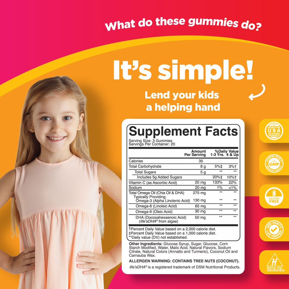 Vegetarian Omega 3 Gummies for Kids - Delicious Kids DHA Omega 3 6 9 Gummy Vitamin Gelatin Fish and Gluten Free Non-Gmo - Plant Based Omega 3 DHA Gummies for Vision Immunity Heart and Brain Support