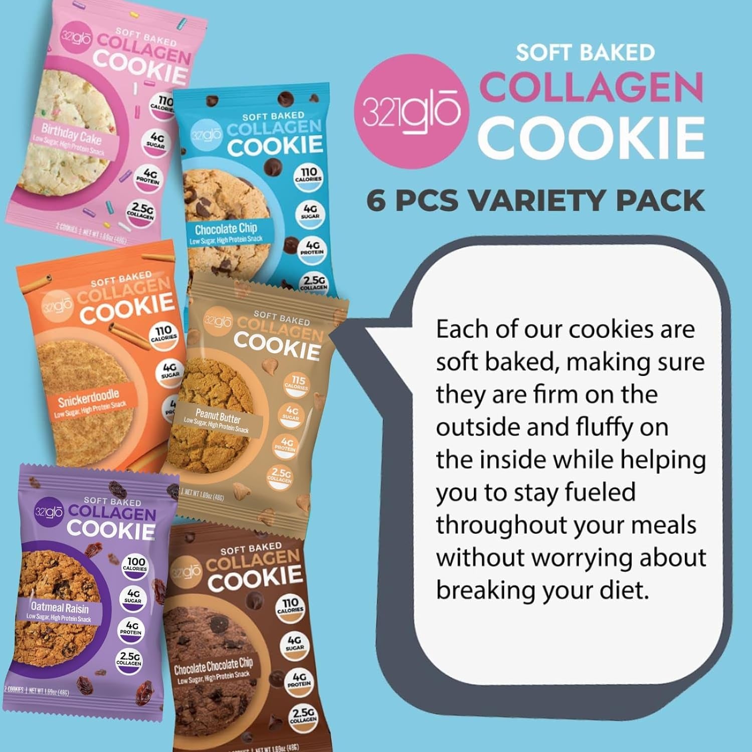 321Glo Collagen Cookies | Soft Baked, High Protein Cookies | Low Carb, Low Sugar | Keto Snack for Women, Men, & Kids | 6 Pack (Variety Pack)