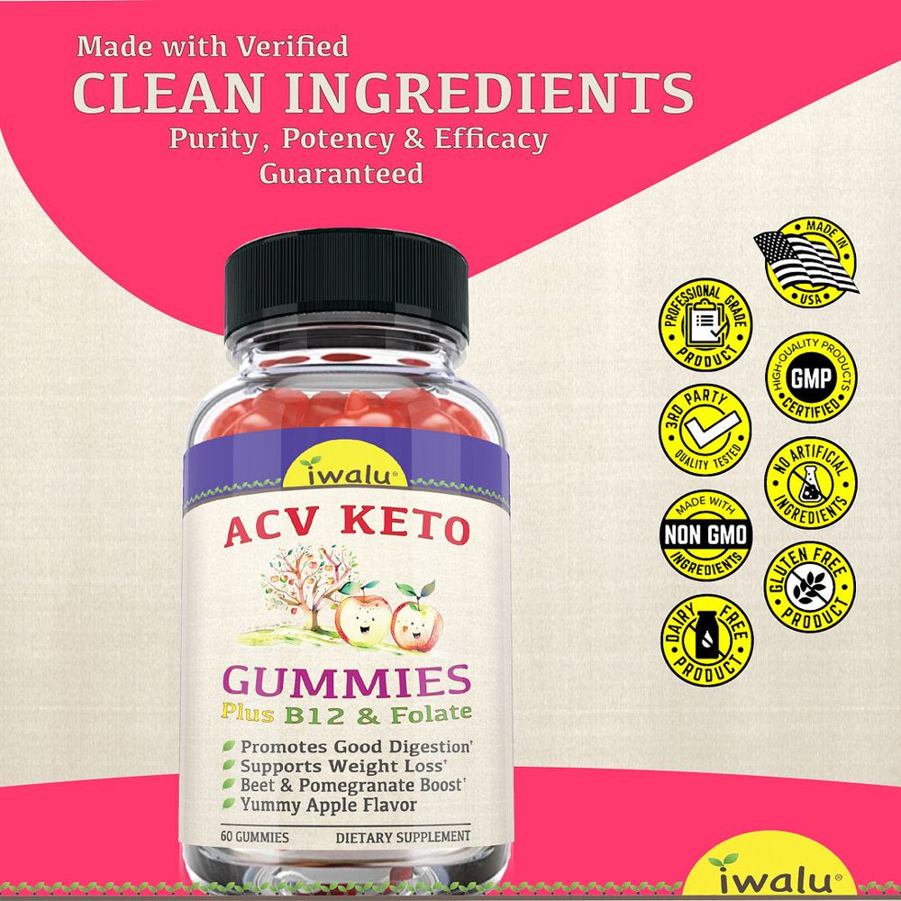 IWALU Keto ACV Gummy Advanced Weight Control - Healthy Belly Fat Mgr, Daily AC Max Keto plus +ACV Gummies PH Balance Pills Caprylic Acid Digestive Supplement B12 Folate for Women Detox & Cleanse 60 CT