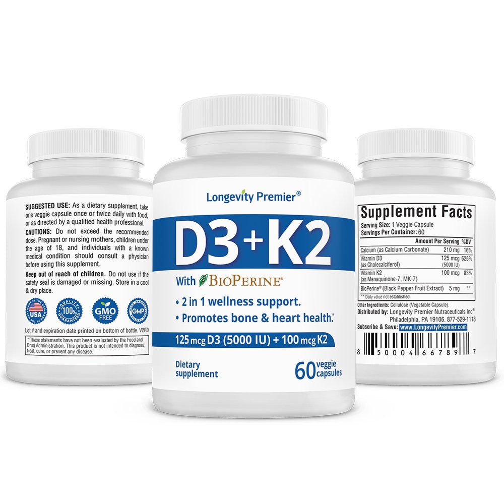 Longevity Vitamin D3+K2 with Bioperine: Strengthen Bones, Boost Immunity, Healthy Muscle and Brain Functions.