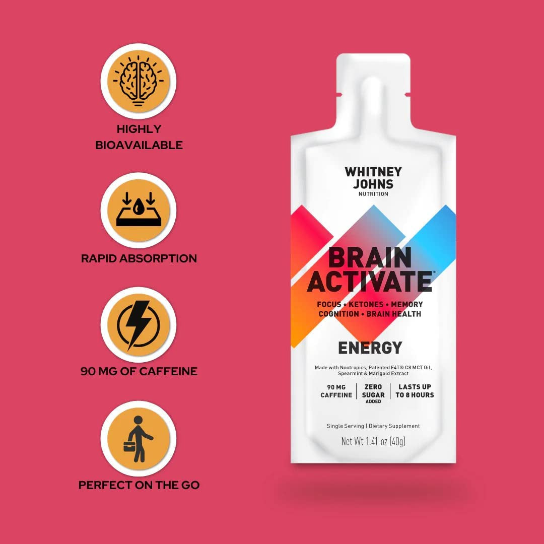 Whitney Johns - Brain Booster Gel Packs, Neuro Enhancer, Brain Supplements for Memory & Focus, Reduce Brain Fog Elevate Ketones, C8 MCT-F4T - Zero Added Sugar, 90Mg Caffeine, 12 Go Anywhere Gel Packs