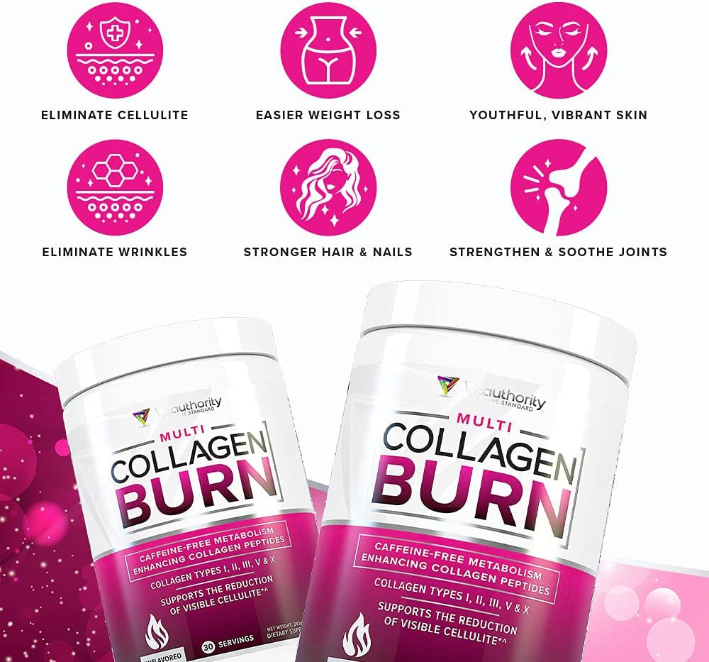 Vitauthority Multi Collagen Burn - Metabolism Support & Cellulite Smoothing Collagen Peptides Powder Unflavored with Vitamin C - Hydrolyzed Collagen for Weight Loss Powder for Women 30 Servings