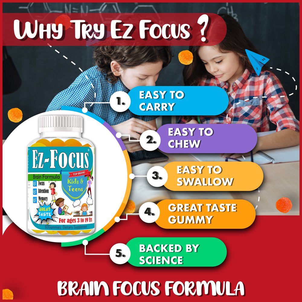 Kids Brain Booster Supplements Vitamins to Help Kids Focus. Help Boost Brain Focus, Attention, Memory for Childrens and Teens, Best Great Taste 60 Gummies