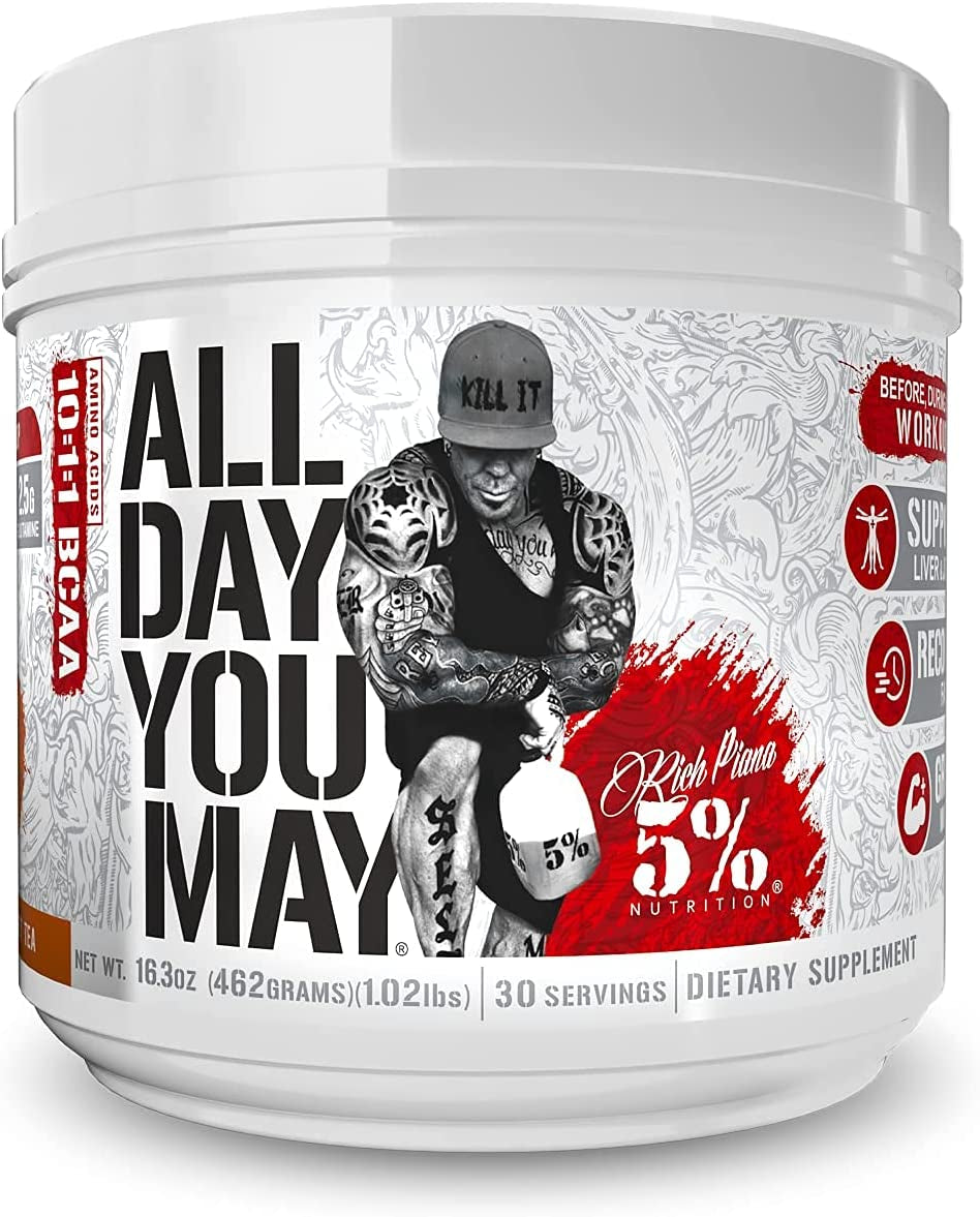 5% Nutrition Rich Piana Bundle | Alldayyoumay BCAA Powder + Fasf Stim-Free NO Booster Pre-Workout (Southern Sweet Tea)