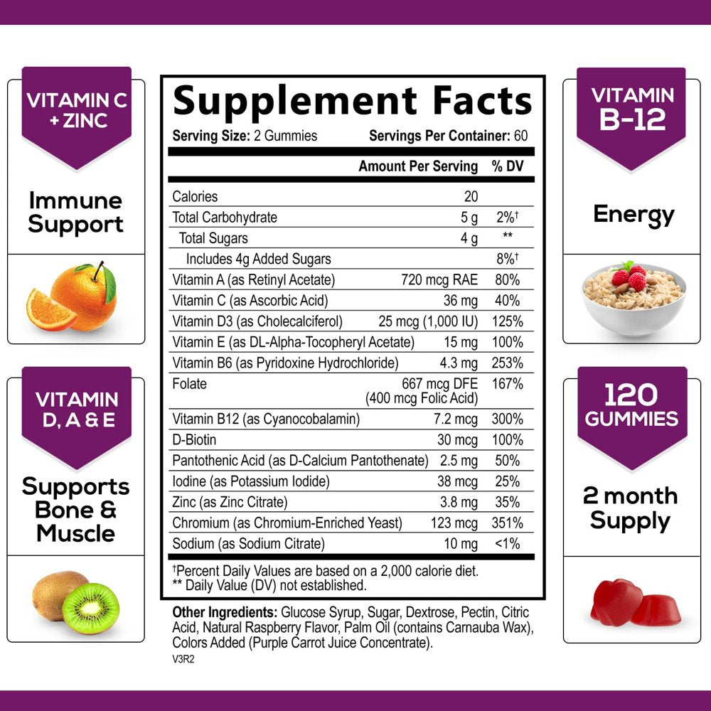 Multivitamin Gummies, Extra Strength Daily Multi Vitamin Gummy for Women & Men with Vitamins A, C, D, E, B6, B12, Zinc & Antioxidants Supplement for Immune Health Support, Non-Gmo, Berry - 120 Gummies