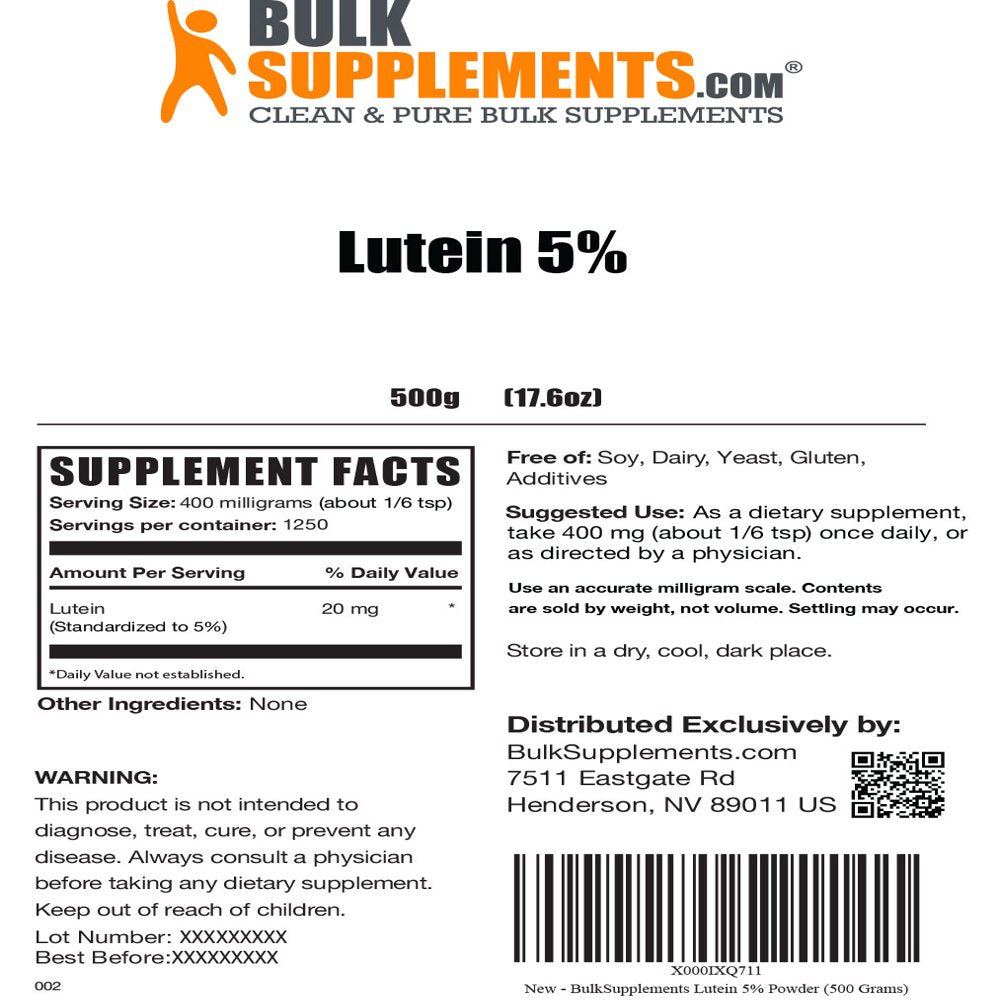 Bulksupplements.Com Lutein 20Mg 5% Powder - Eye Vitamins - Vision Supplements - Eye Vision Supplement - Vegan Lutein (500 Grams)