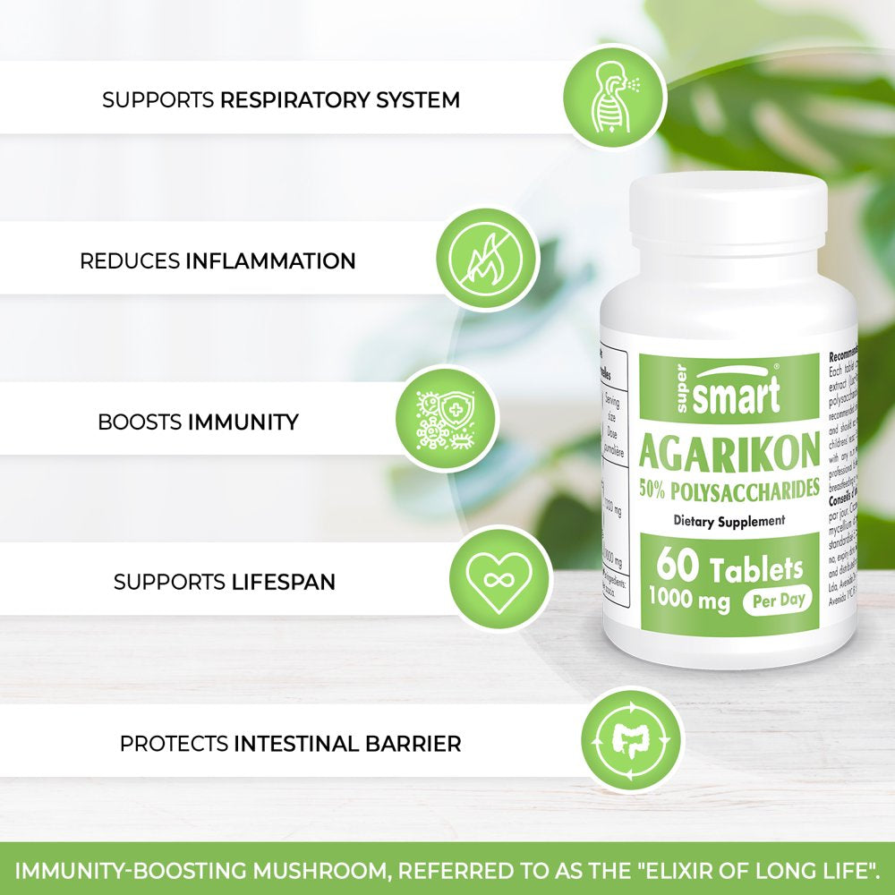 Supersmart - Agarikon Mushroom Supplement 1000 Mg per Day (50% Polysaccharides) | Non-Gmo & Gluten Free - 60 Tablets