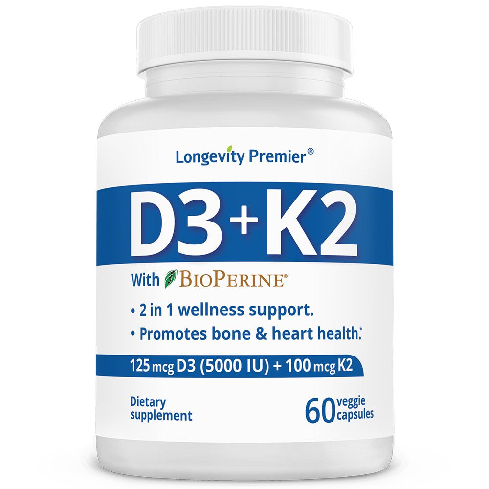 Longevity Vitamin D3+K2 with Bioperine: Strengthen Bones, Boost Immunity, Healthy Muscle and Brain Functions.