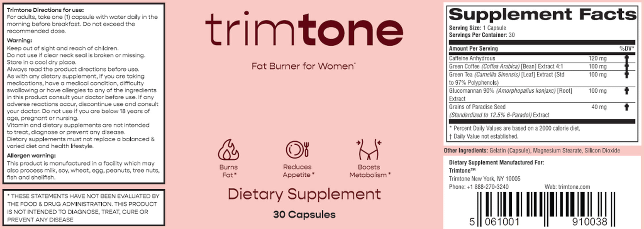 Trimtone Fat Burner & Appetite Suppressant for Women - Max Strength Natural Formula