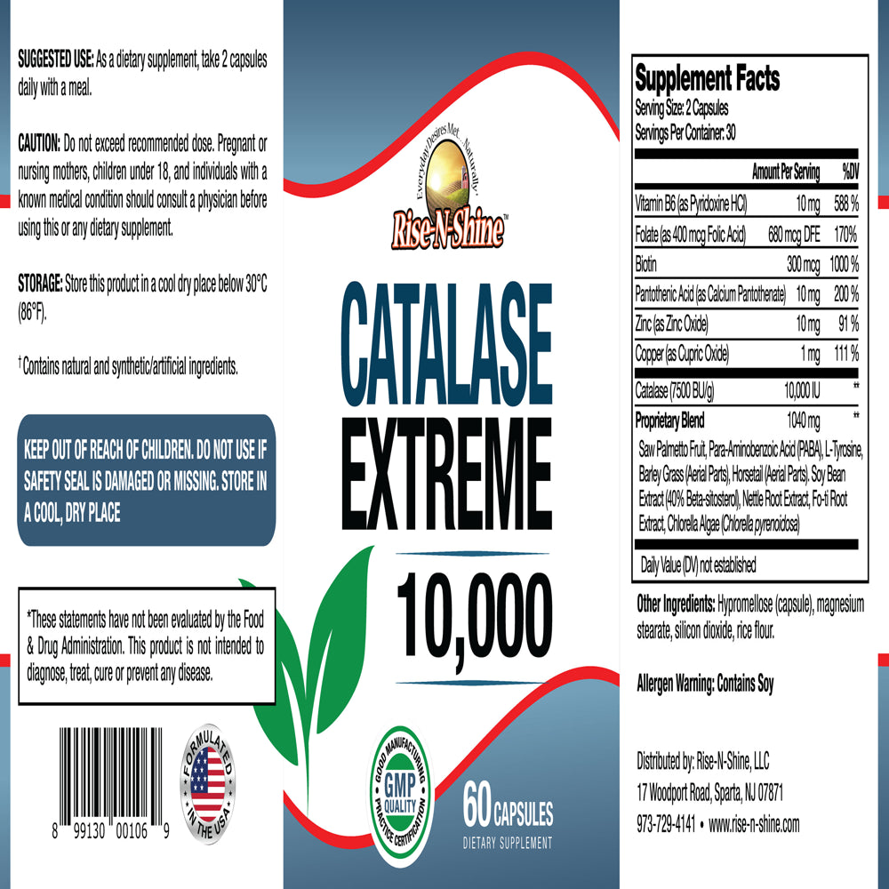 Rise-N-Shine Catalase Extreme 10,000 IU with Saw Palmetto, Biotin, Unisex Hair Supplement, 60 Count