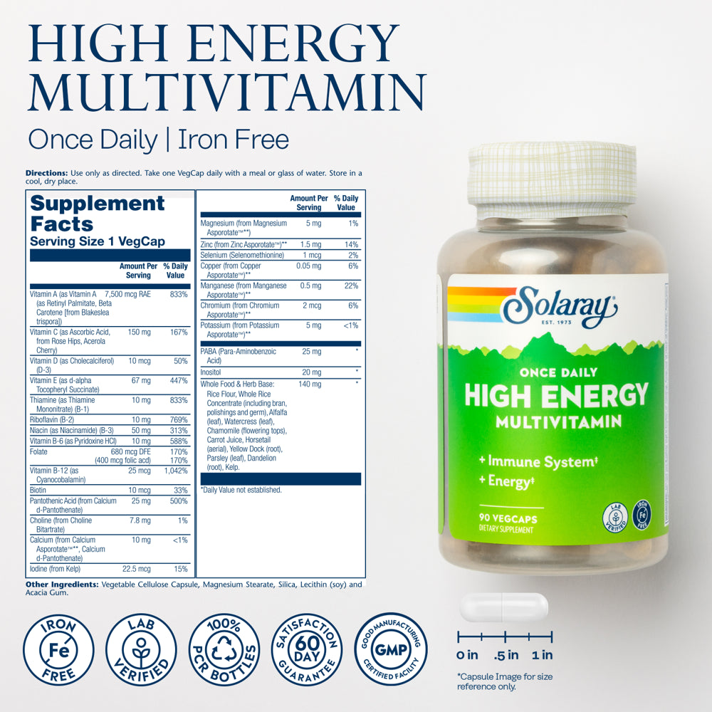 Solaray Once Daily High Energy Multivitamin, W/ No Iron | Complete Multi W/ Whole Food & Herb Base | Non-Gmo | 90 Vegcaps