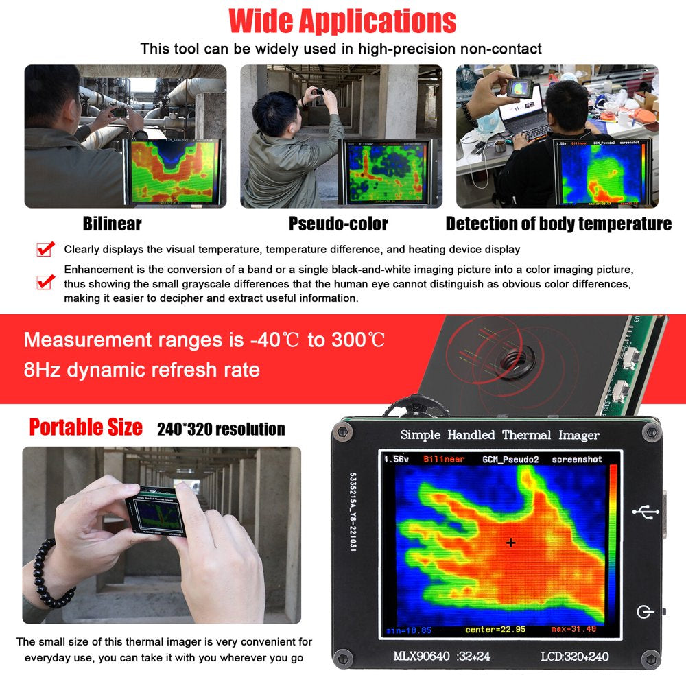 24 * 32 Pixel Infrared Sensor Simple Handheld Thermal Imager Portable 2.0Inch LCD Display 240*320 Resolution Clear Definition Imaging Camera -40℃ to 300℃ Temperature Measurement Instrument