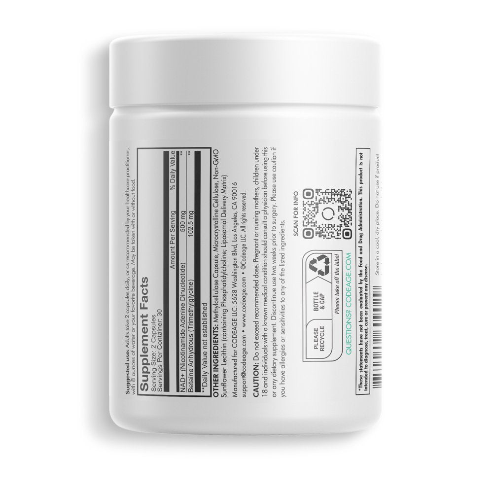 Codeage Liposomal NAD+ Supplement, Betaine Anhydrous, Nicotinamide Adenine Dinucleotide Pills, 60 Ct