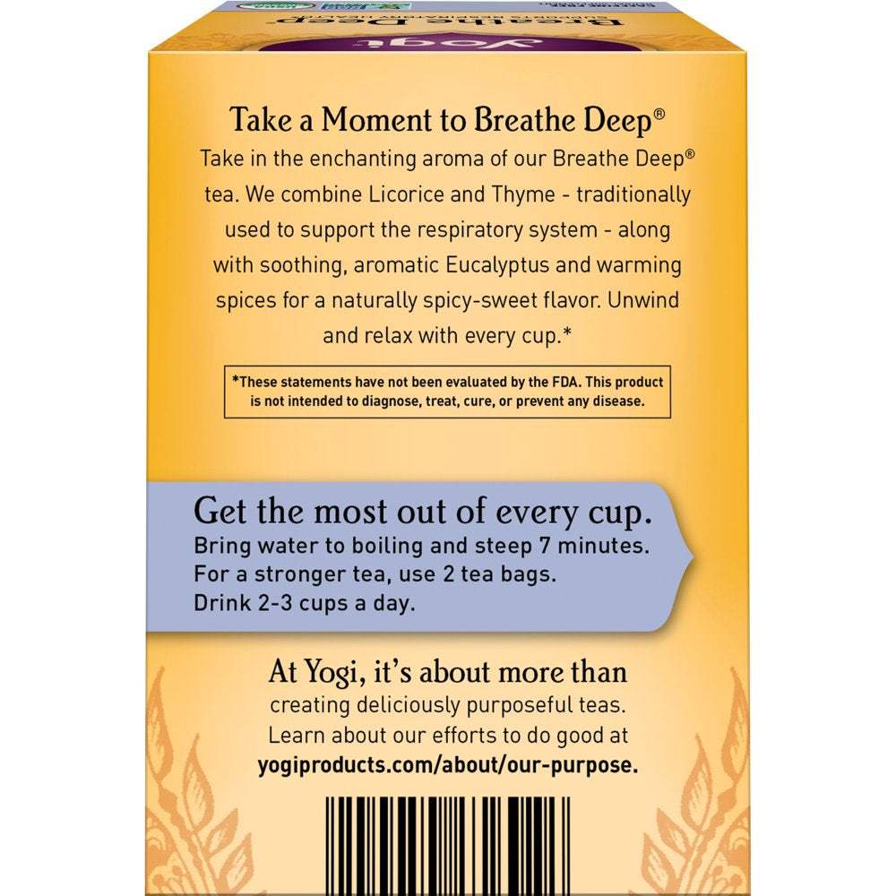 Yogi Tea - Breathe Deep (6 Pack) - Supports Respiratory Health with Eucalyptus, Thyme, and Mullein Leaves - Caffeine Free - 96 Organic Herbal Tea Bags