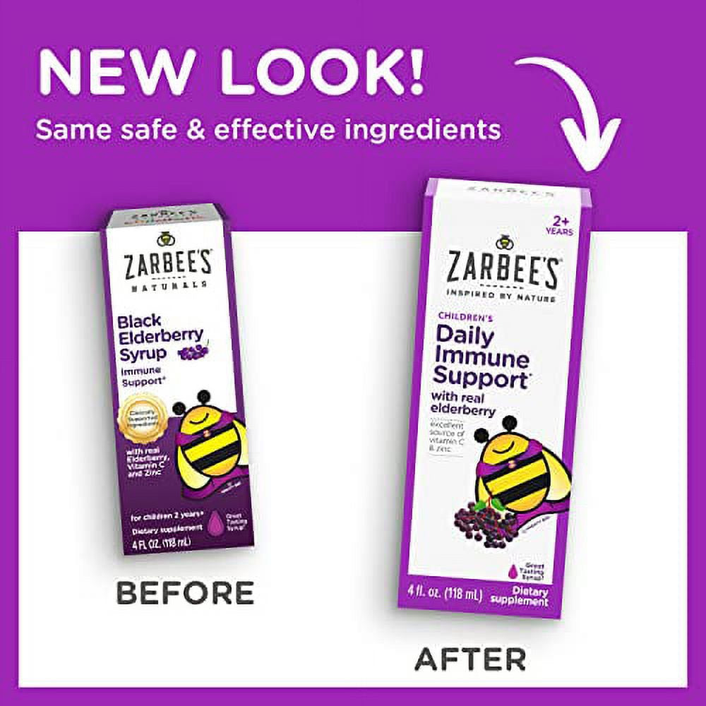 Zarbee'S Elderberry Syrup for Kids, Daily Immune Support with Vitamin C & Zinc, Childrens Liquid Supplement, Natural Berry Flavor, 4 Fl Oz