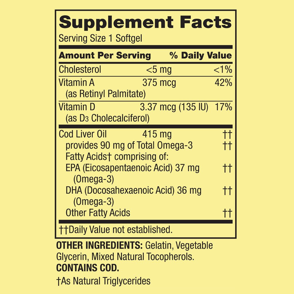 Spring Valley Cod Liver Oil plus Vitamins a & D3 Immune Health Dietary Supplement Softgels, 100 Count