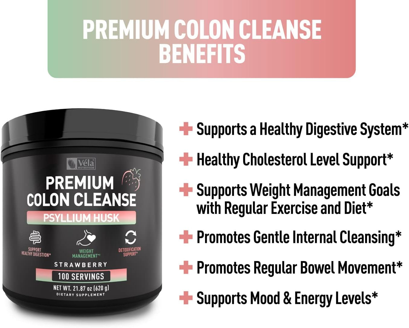 Psyllium Husk Powder Colon Cleanser | Superior Colon Cleanse | Support Healthy Digestion, Detoxification, and Weight Management | Strawberry Fruit Flavor, 100 Servings