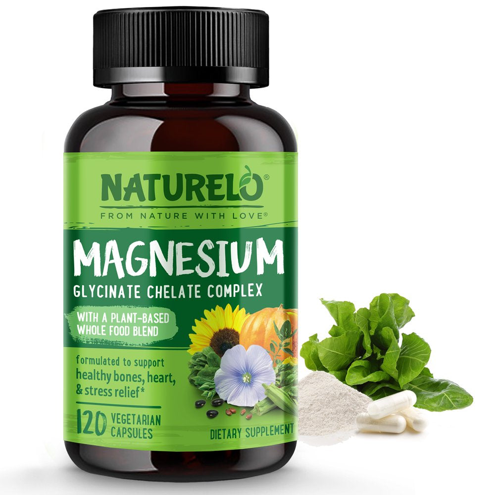 NATURELO Magnesium Glycinate Chelate Complex - 200 Mg Magnesium with Organic Vegetables to Support Sleep, Calm, Mcle Cramp & Stress Relief – Gluten Free, Non GMO - 120 Capsules