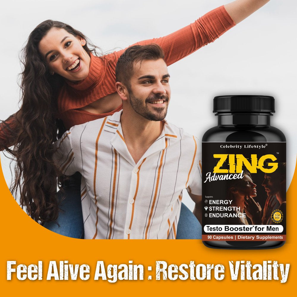 Zing Testosterone Booster for Men & Libido Booster, Enhances Strength Performance Mood Booster 90 Caps