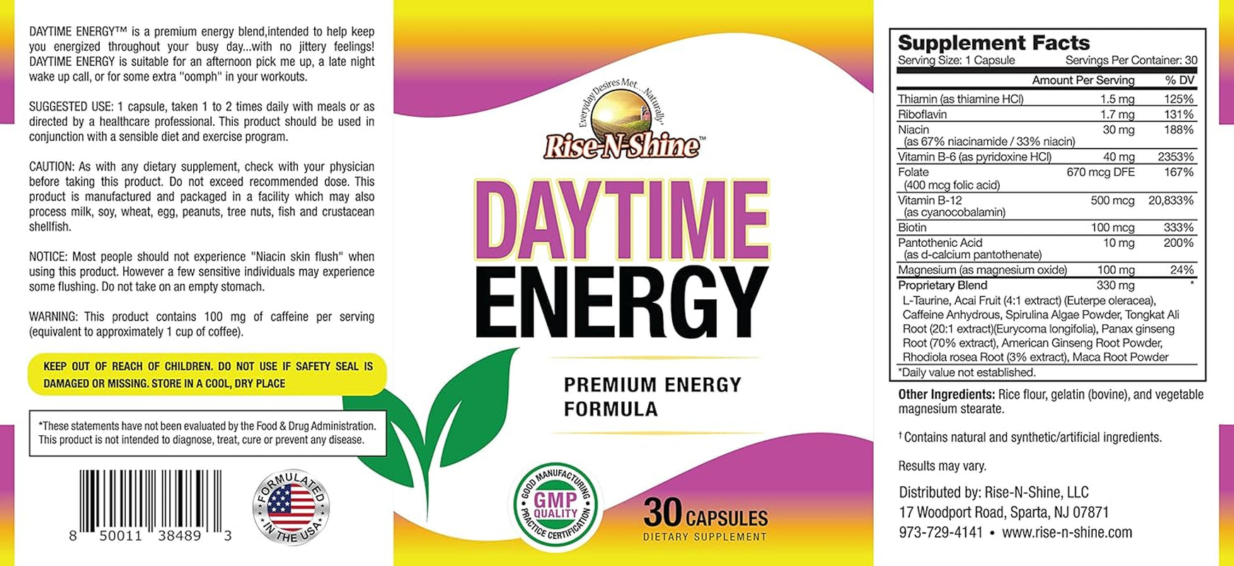 RISE-N-SHINE Daytime Energy Supplement for Men & Women - Vitamin B6, B12 and Caffeine Blend (30 Capsules)