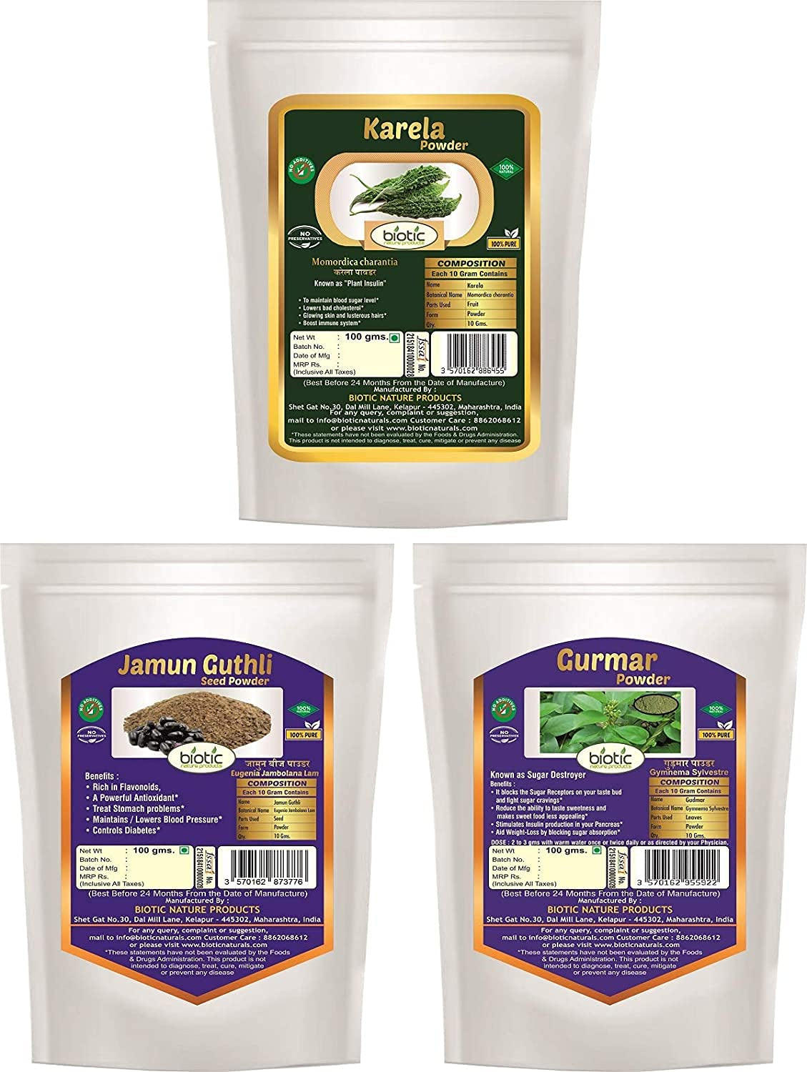 XLO Biotic Gurmar, Karela and Jamun Seed Powder - 300 Gm (100Gm Each)