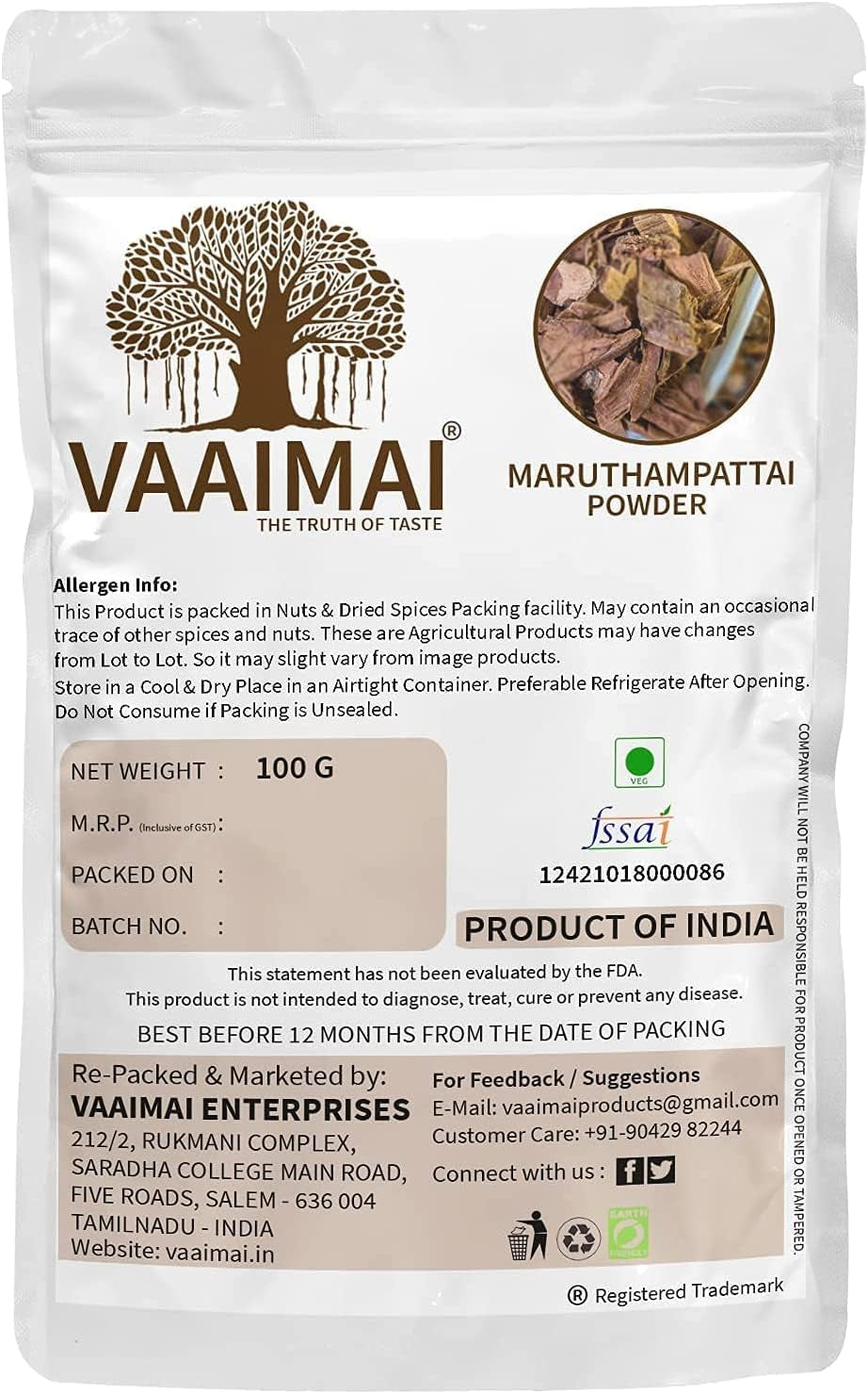 CROW VAAIMAI Marutham Pattai Powder/Terminalia Arjuna Bark, 100G