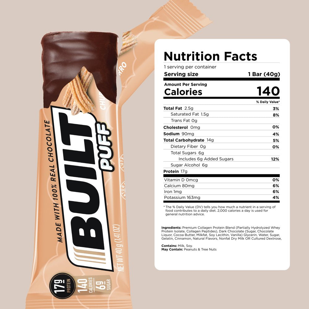 BUILT Puff Protein Bar, Collagen, Gluten Free, Low Sugar, Churro, 12 Bar Box