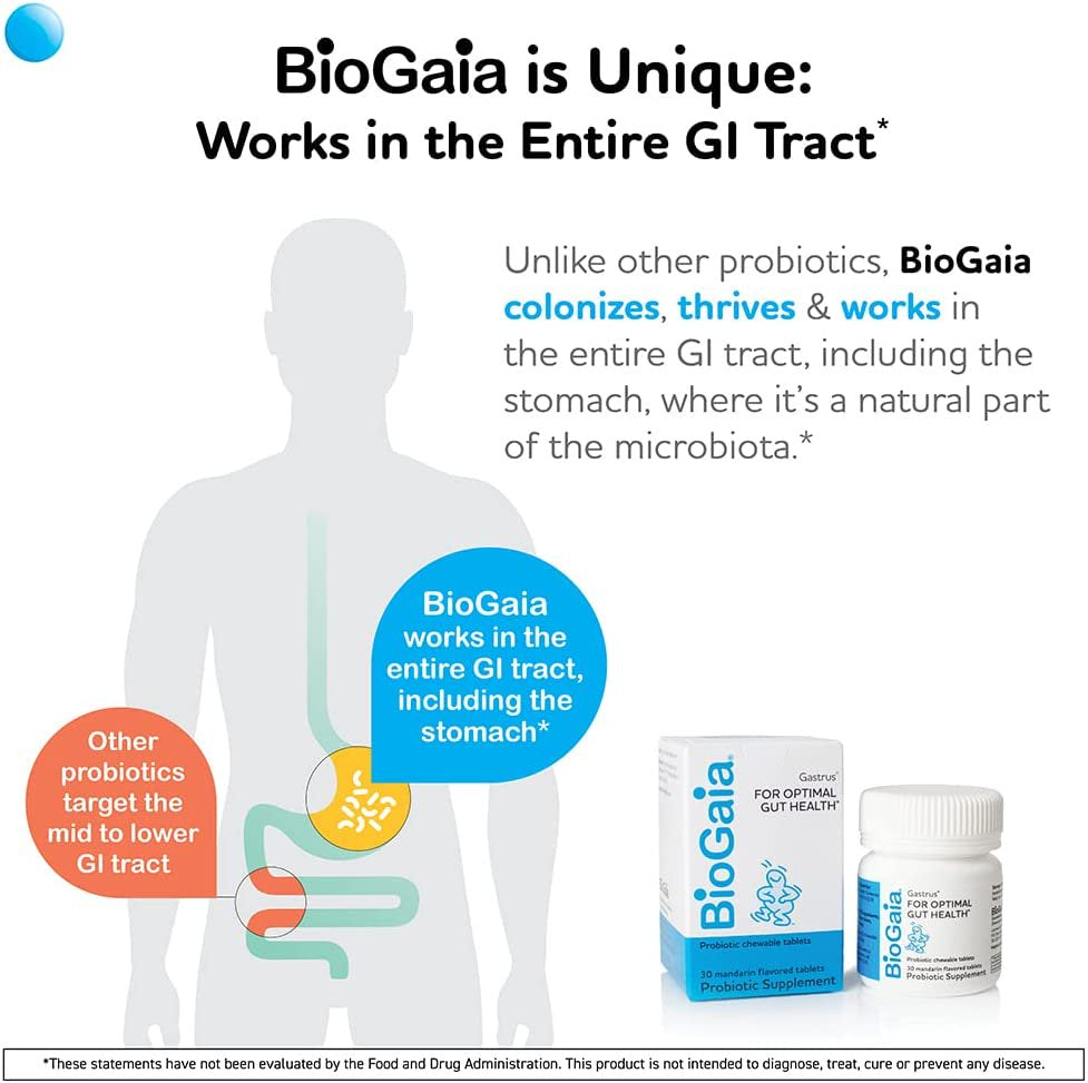 Biogaia Gastrus Chewable Tablets, Adult Probiotic Supplement for Stomach Discomfort, Constipation, Gas, Bloating, Regularity, Non-Gmo, 30 Tablets, 1 Pack