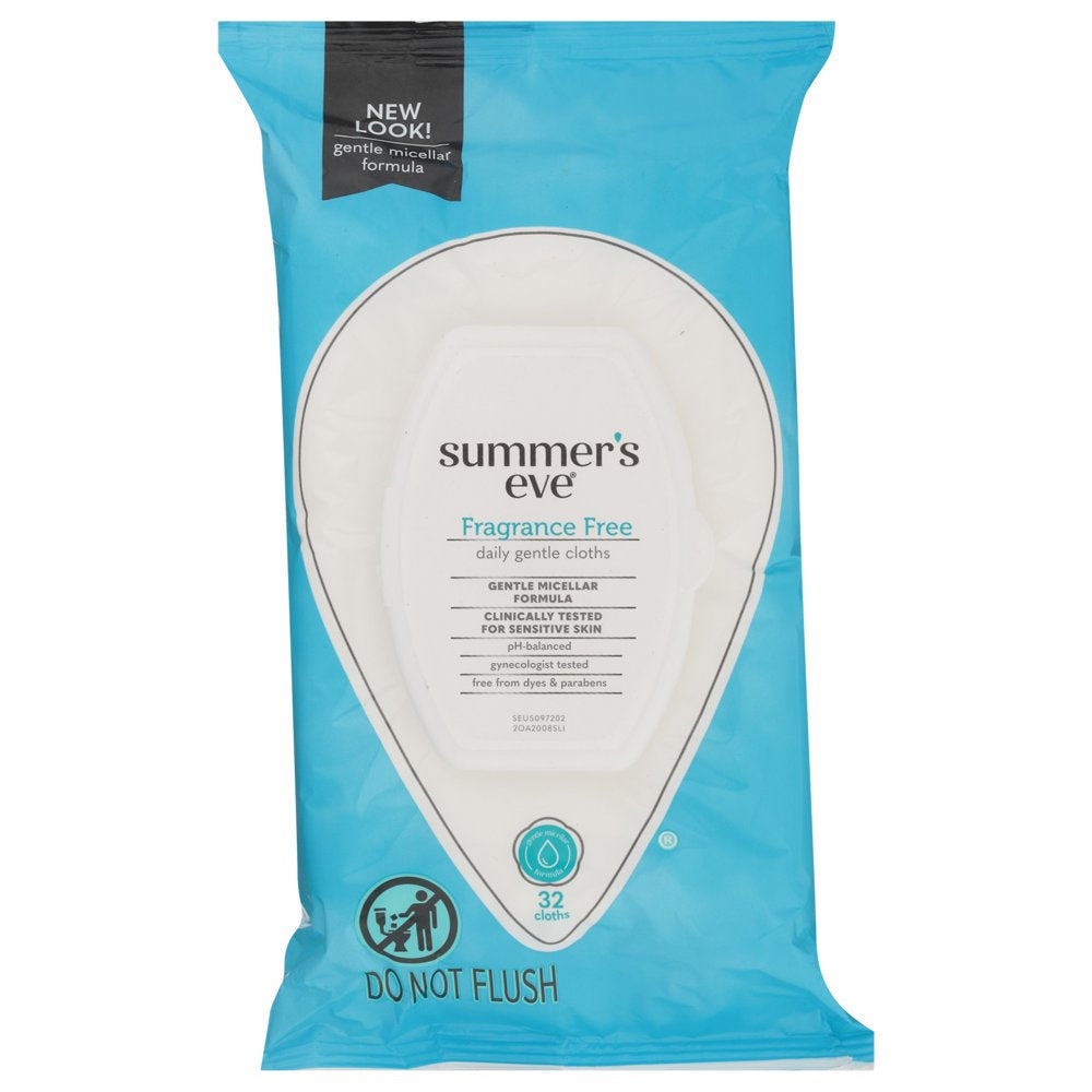 Summer’S Eve Fragrance Free Gentle Daily Feminine Wipes, Removes Odor, Ph Balanced, 32 Ct