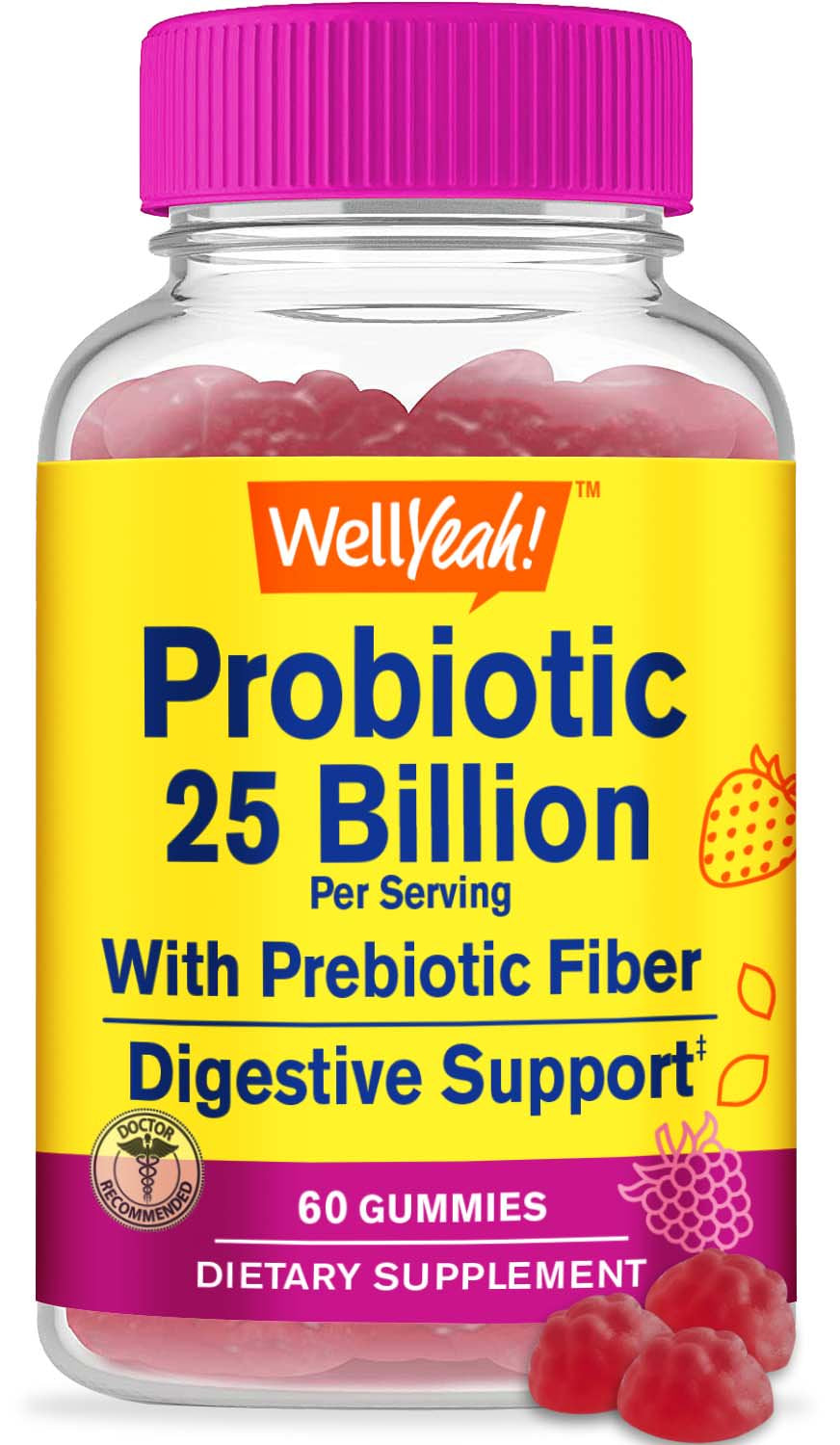 Wellyeah 25 Billion Probiotics + Prebiotics for Men and Women Gummies - Digestive Support, Gut Health, Immune Support Gummy - Probiotics for Digestive Health with 12 Strains - 60 Gummies