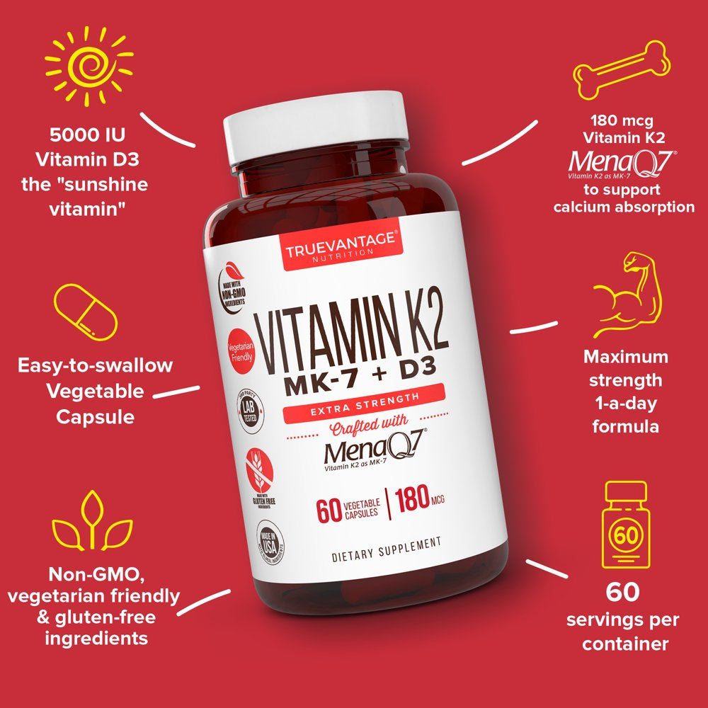 Vitamin K2 D3 Supplement -180 Mcg Vitamin K2 MK7 and 5000 IU D3 for Healthy Bones, Healthy Heart & Cardiovascular Health- Menaq7 Vitamin K Complex- 60 Vegetable Capsules