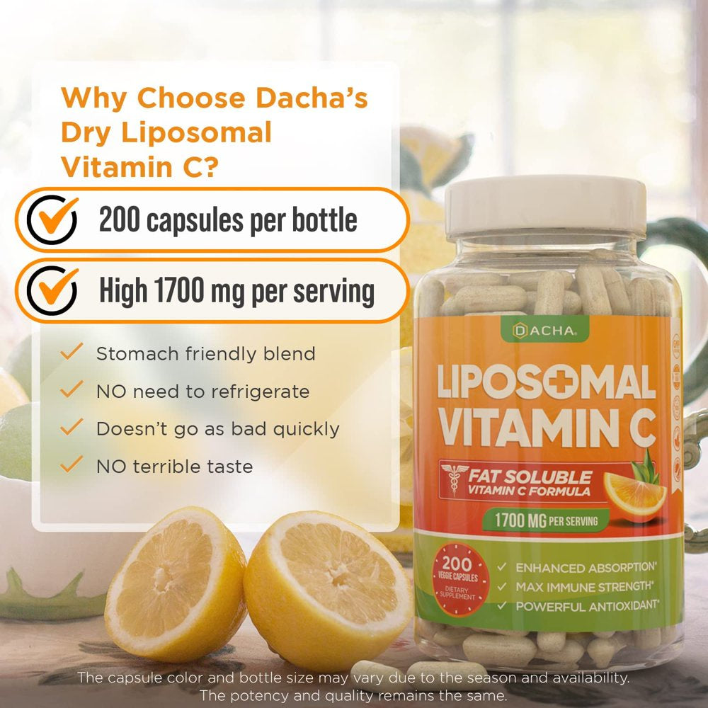 DACHA Natural Liposomal Vitamin C - 1700Mg, 200 Capsules, Immune System & Collagen Booster, High Absorption Fat Soluble VIT C, Buffered, Skin Vitamins, Sunflower Lecithin