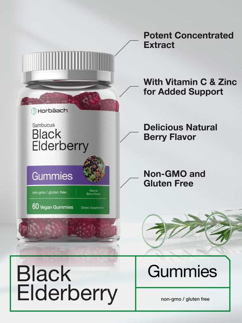 Black Elderberry with Zinc & Vitamin C | 60 Vegan Gummies | Natural Berry Flavor | by Horbaach