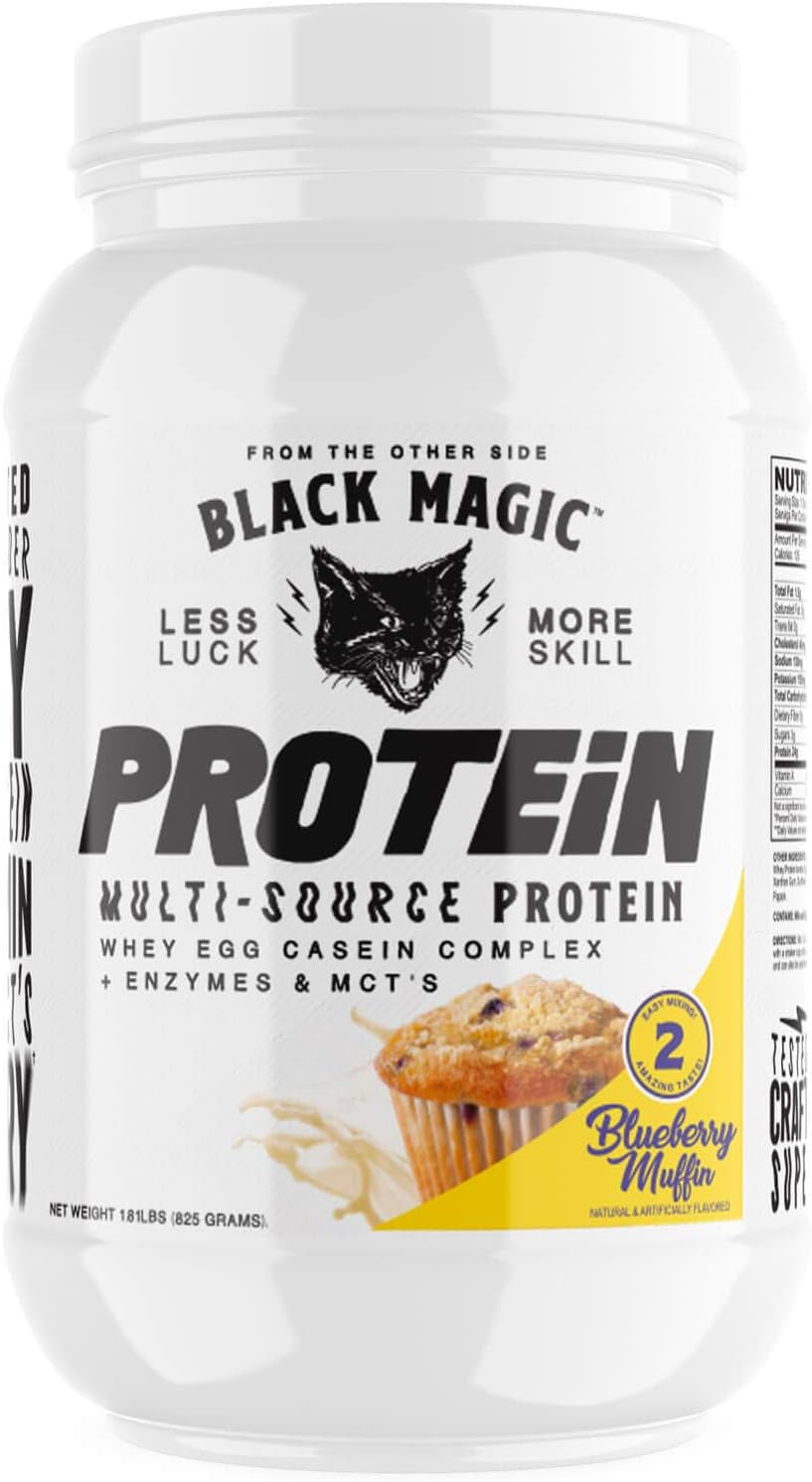 Magician Black Magic Multi-Source Protein - Whey, Egg, Casein Complex with Enzymes & Mct'S - Keto, Low Sugar - Pre/Post Workout - Blueberry Muffin Flavor - 24G Protein - 2 LB