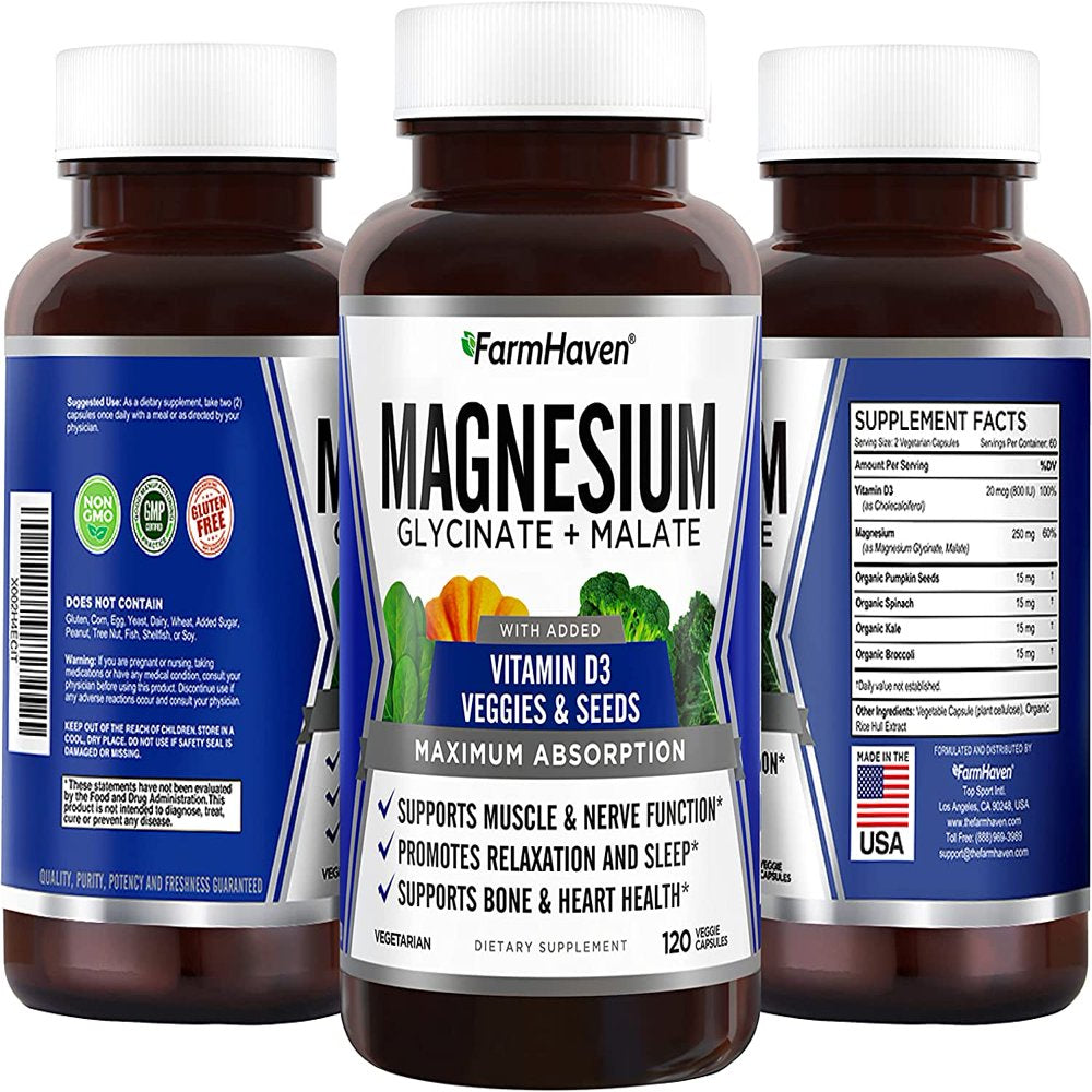 Farmhaven Magnesium Glycinate & Malate Complex W/Vitamin D3, 100% Chelated for Max Absorption, Vegetarian Bone Health, Nerves, Muscles, 120 Capsules, 60 Days Magnesium 120 Count (Pack of 1)