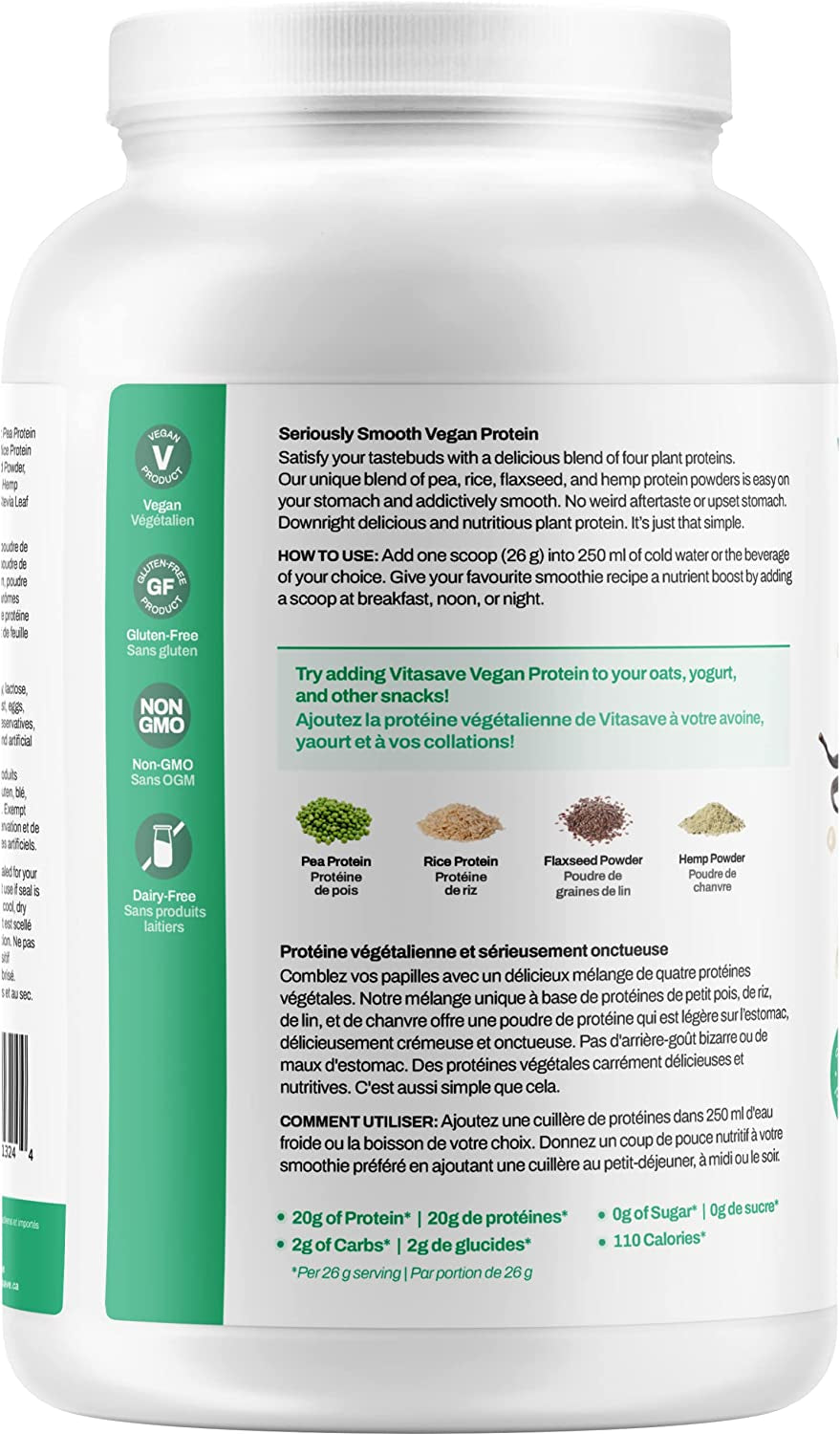 Vitasave Vegan Protein Powder - Natural Vanilla Flavour, 20G Plant Based Protein, 28 Servings, 750G Tub, Soy Free, Gluten Free, Dairy Free and Sugar Free