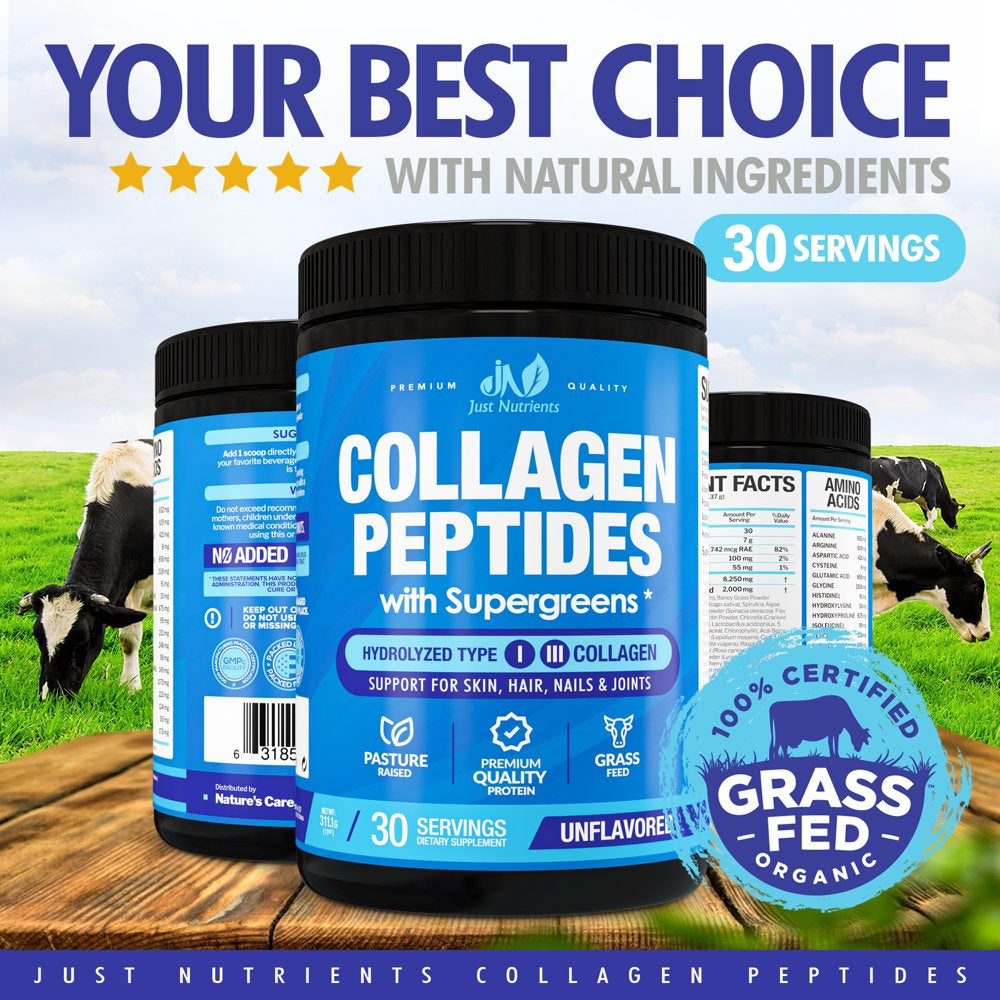 Collagen Peptides Powder with Super Greens - Superfoods, Digestive Enzymes, Grass-Fed, Non-Gmo, Unflavored - 30 Servings