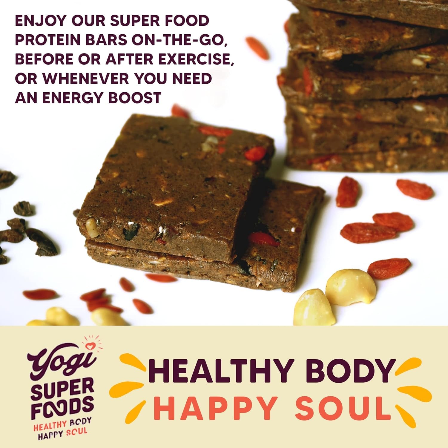 Yogi Super Foods Cacao Protein Bars for Healthy Energy - Organic, Vegan, Gluten Free, Low Glycemic Superfood Snack Food Bars with Plant Protein, Cocoa Powder & Nibs, Agave & Granola - 10 Bars