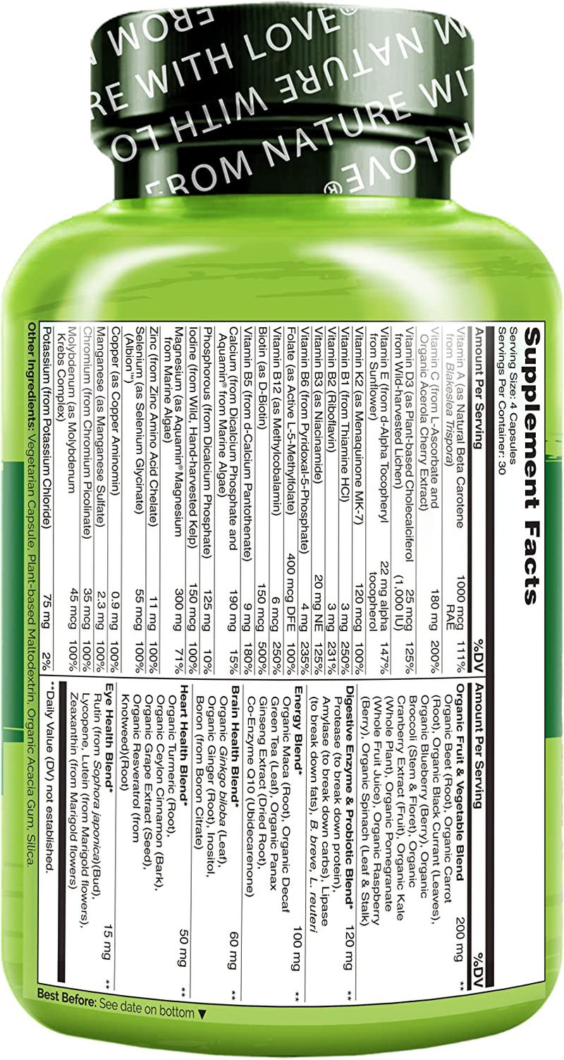 NATURELO Whole Food Multivitamin for Men - with Vitamins, Minerals, Organic Herbal Extracts - Vegetarian - for Energy, Brain, Heart, Eye Health - 120 Vegan Capsules