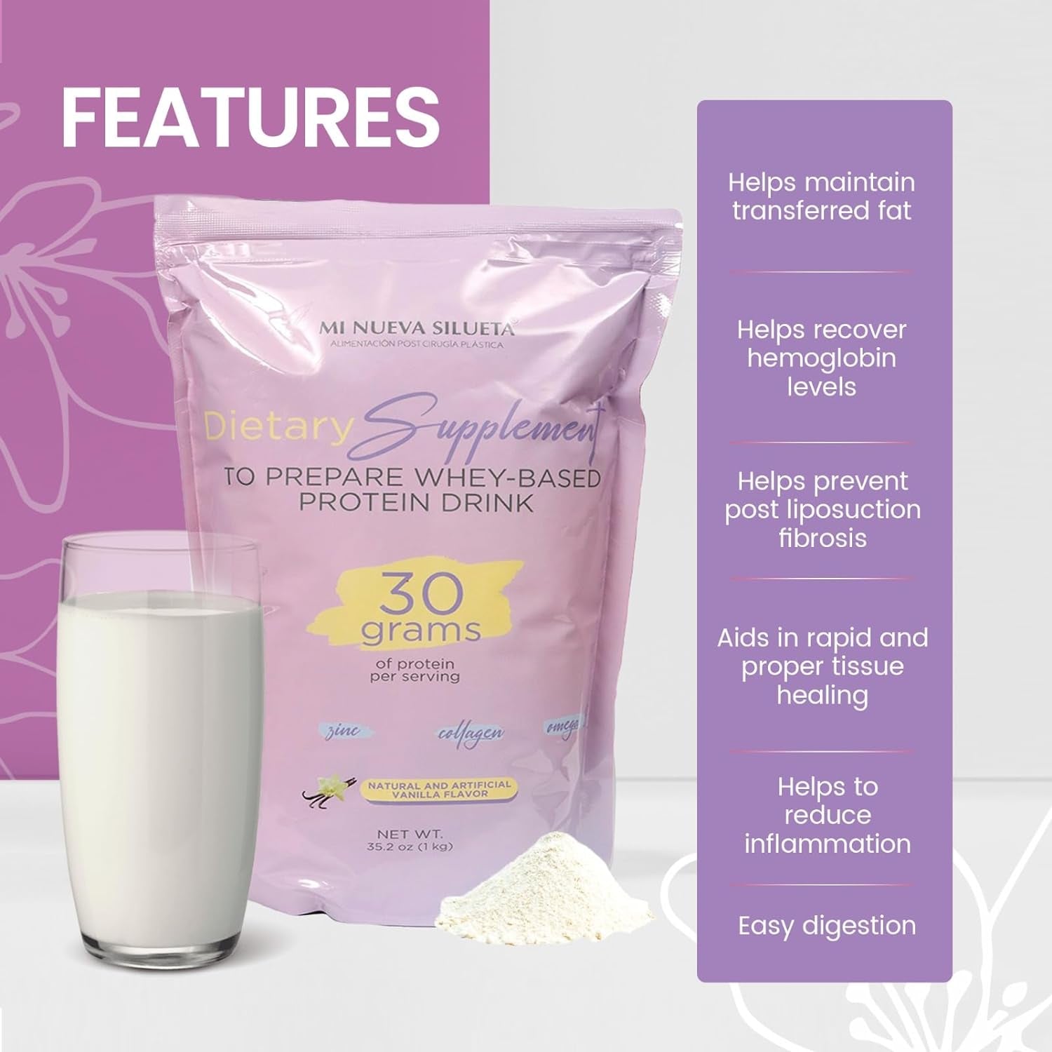 MI NUEVA SILUETA Lipotransfer Protein Stage 1 My New Silhouette Is an Isolated Whey Protein Powder with Collagen That Helps to Maintain Transferred Fat. (VANILA)